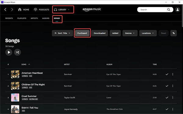 view purchased amazon music songs for downloading