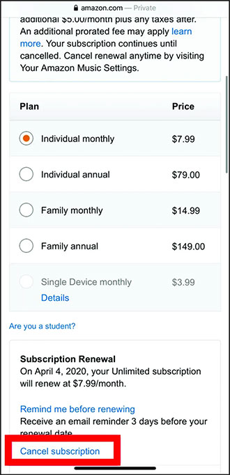 cancel amazon music unlimited on web mobile