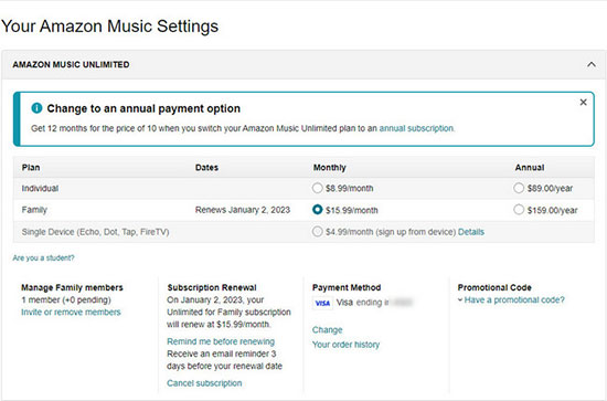 cancel amazon unlimited music family plan on web pc