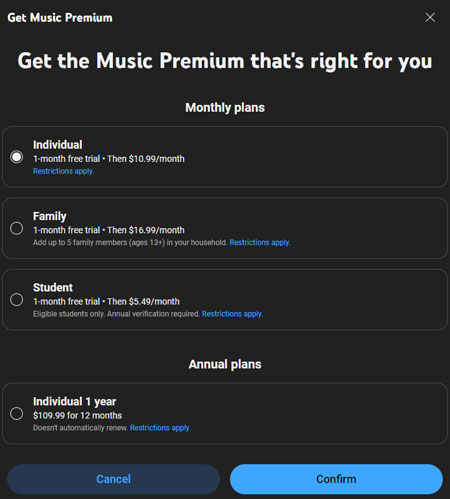 select youtube music premium plans