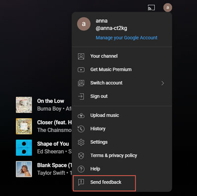 youtube music send feedback to google