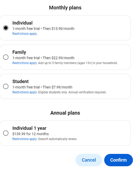 select youtube premium plan