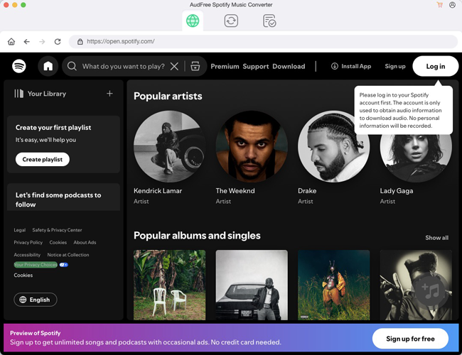 open audfree spotify music converter