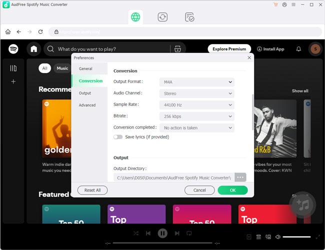 set output format for spotify to m4a