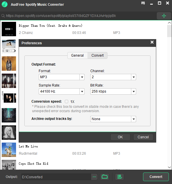 reset output settings for spotify songs