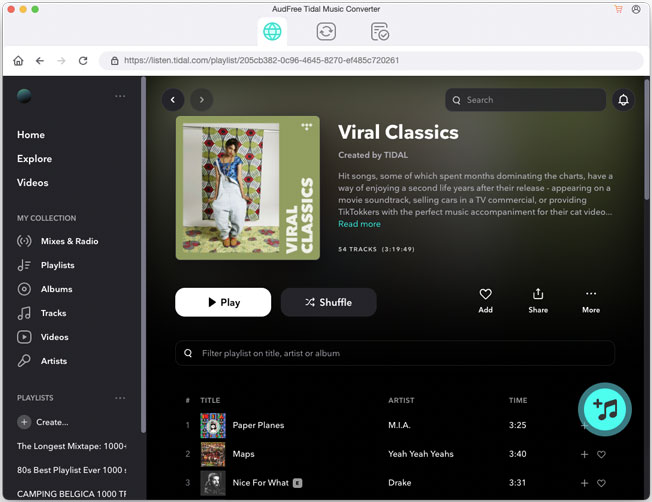 add songs from tidal app to audfree tidable