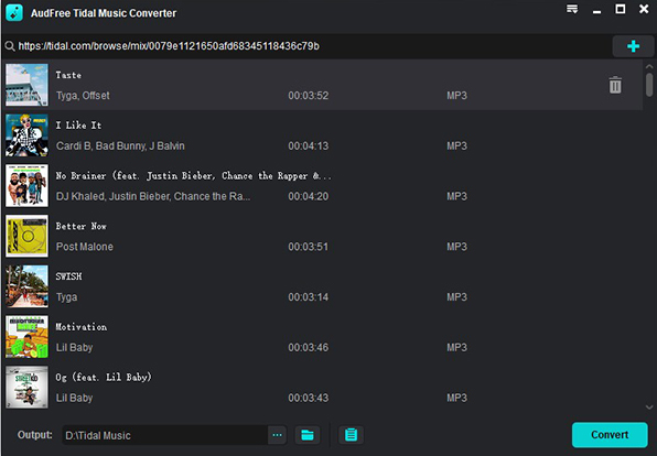 select and put tidal songs into audfree