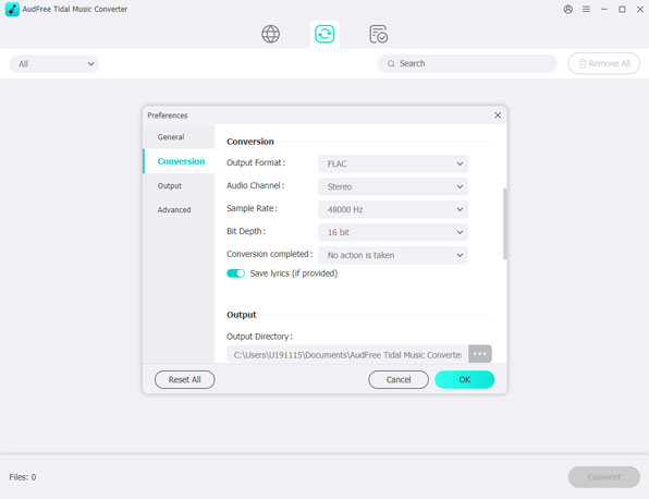 reset tidal output parameters