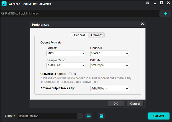 set tidal output format for music player