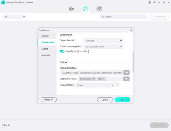 select tidal output settings for volumio