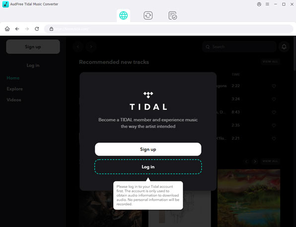 launch and sign in audfree tidal music converter